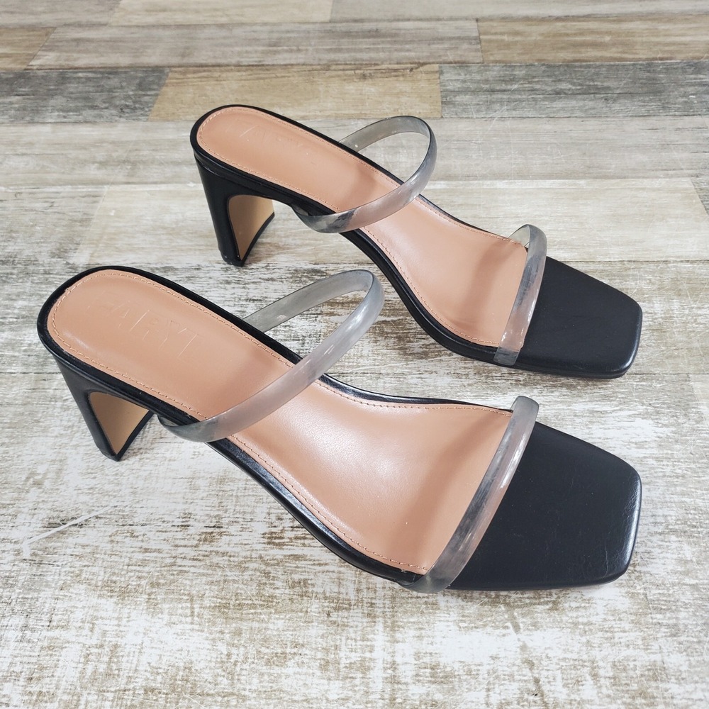 Faryl By Farylrobin Analisa Womens Sz 8.5 Black Clear Block Heel Slip On Strappy